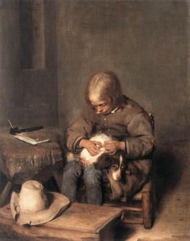 Gerard Ter Borch : Boy Riding His Dog Of Fleas